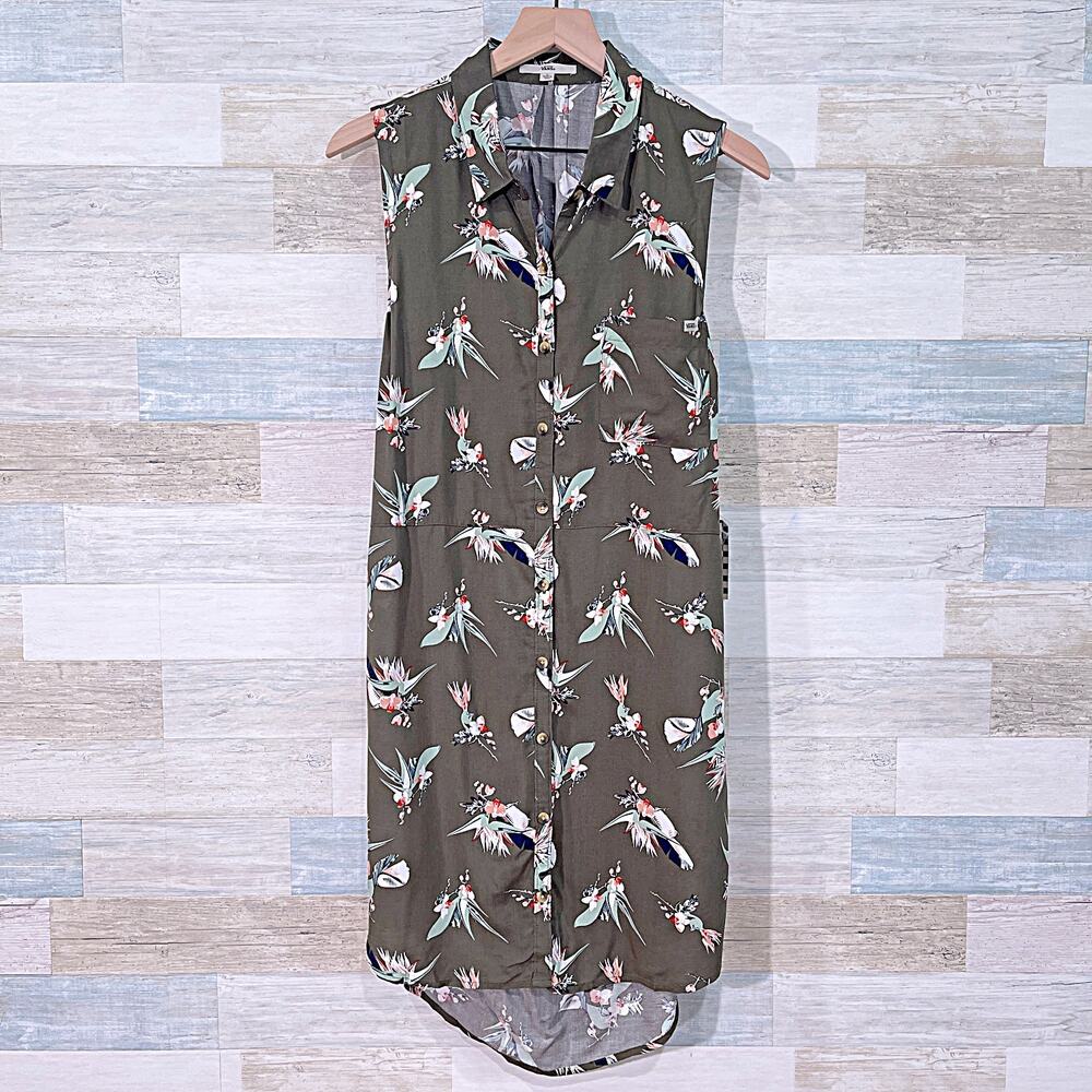 VANS Birds Of Paradise Floral Sleeveless Shirtdress Green Open Back Womens Large